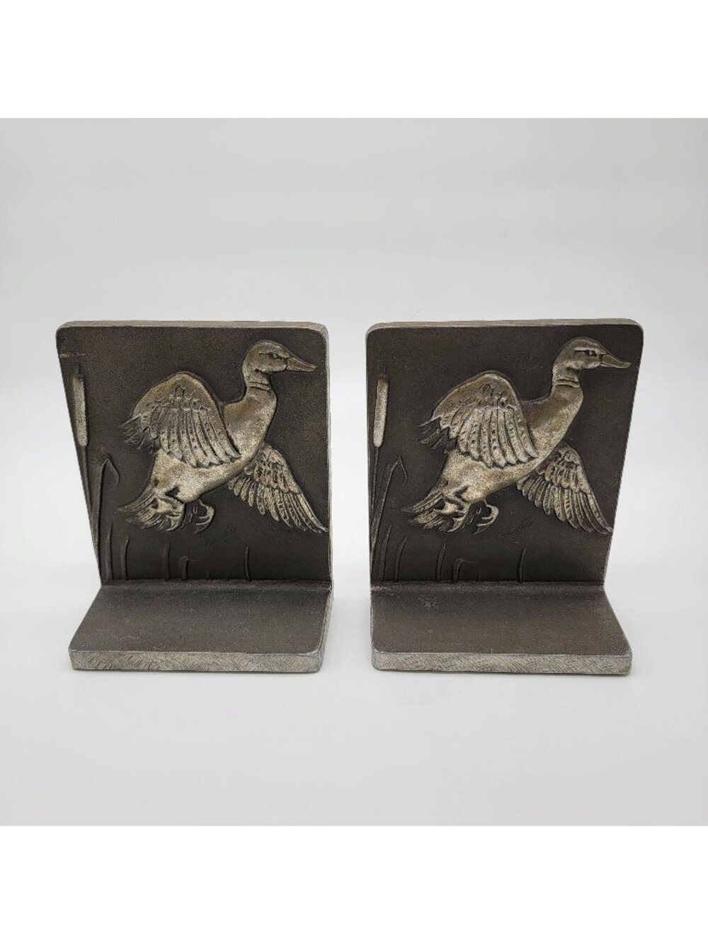 Vintage 1960s BRUCE FOX Pair of Cast Aluminum Alloy Bookends Flying Mallard Duck